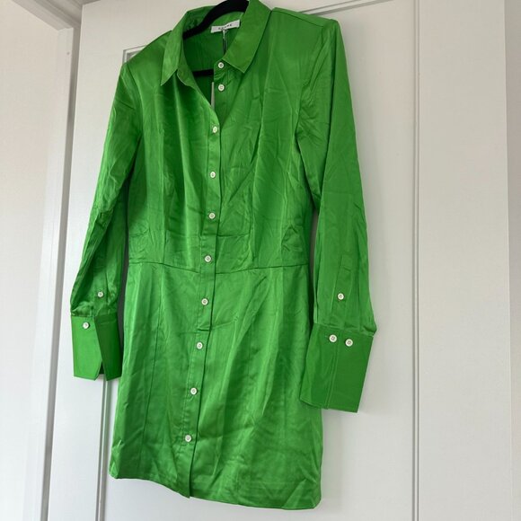 NWT Frame Silk Mini Dress in Bright Peridot Sz Medium Strong Padded Shoulder - Picture 5 of 10